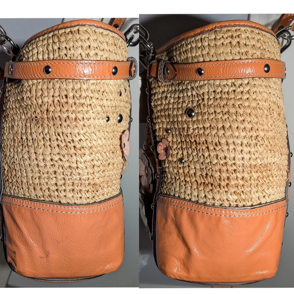 Coach Madison Straw Tote Flower Applique Natural & Orange Raffia Silver Studded